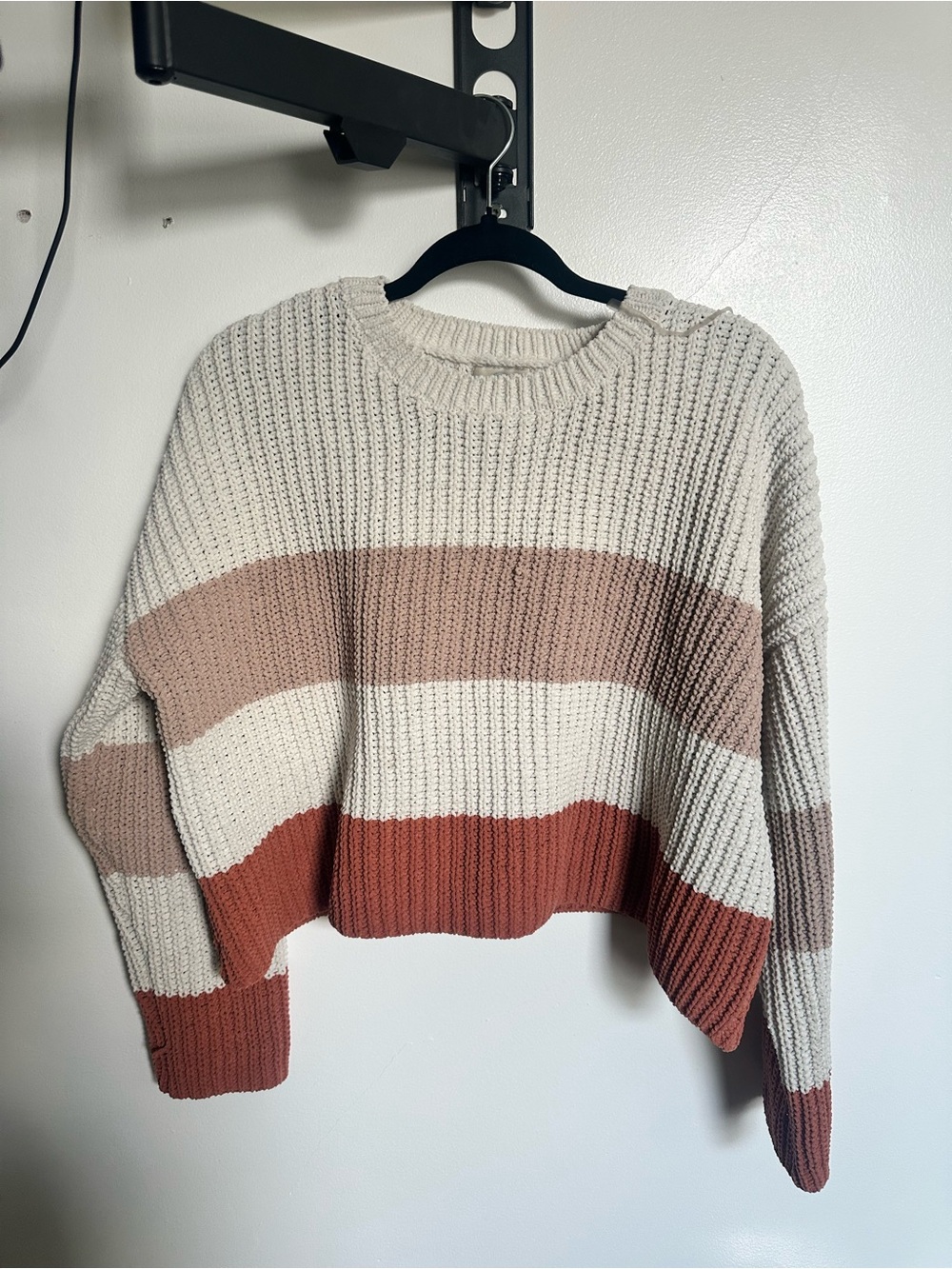 Francesca's Collections Cream, Blush-Beige & Rust Striped Crewneck Sweater